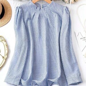 Women's Blue & White Pinstripe Long-Sleeve Blouse
